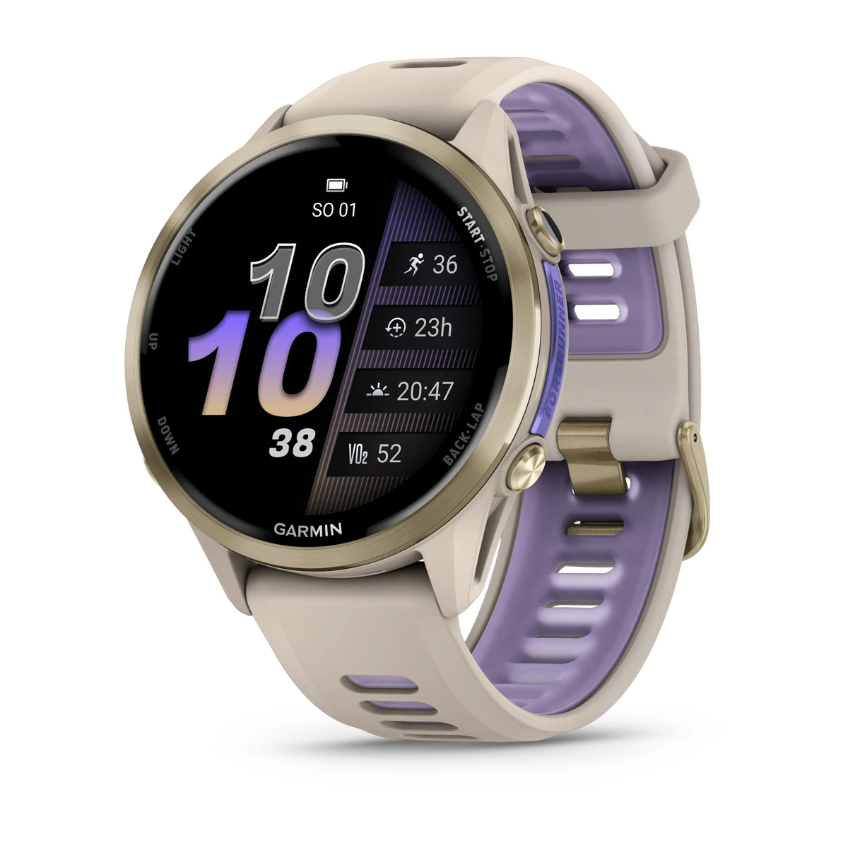 Garmin Forerunner 970 - Tytanowy w kolorze Soft Gold z kopertą w kolorze French Grey i półprzezroczystym paskiem w kolorze French grey/Indygo [010-02969-12]